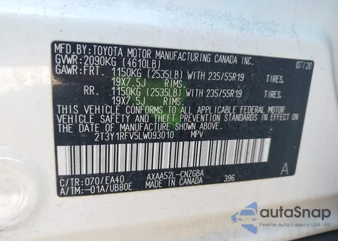 2020 Toyota Rav4 Limited from USA, damaged, VIN 2T3Y1RFV5LW093010